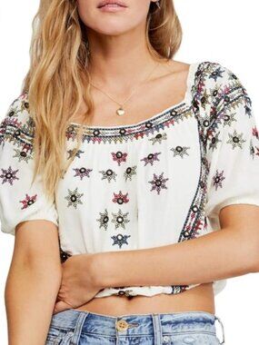 Free People Aurora Embroidered Blouson Peasant Top Extra Small